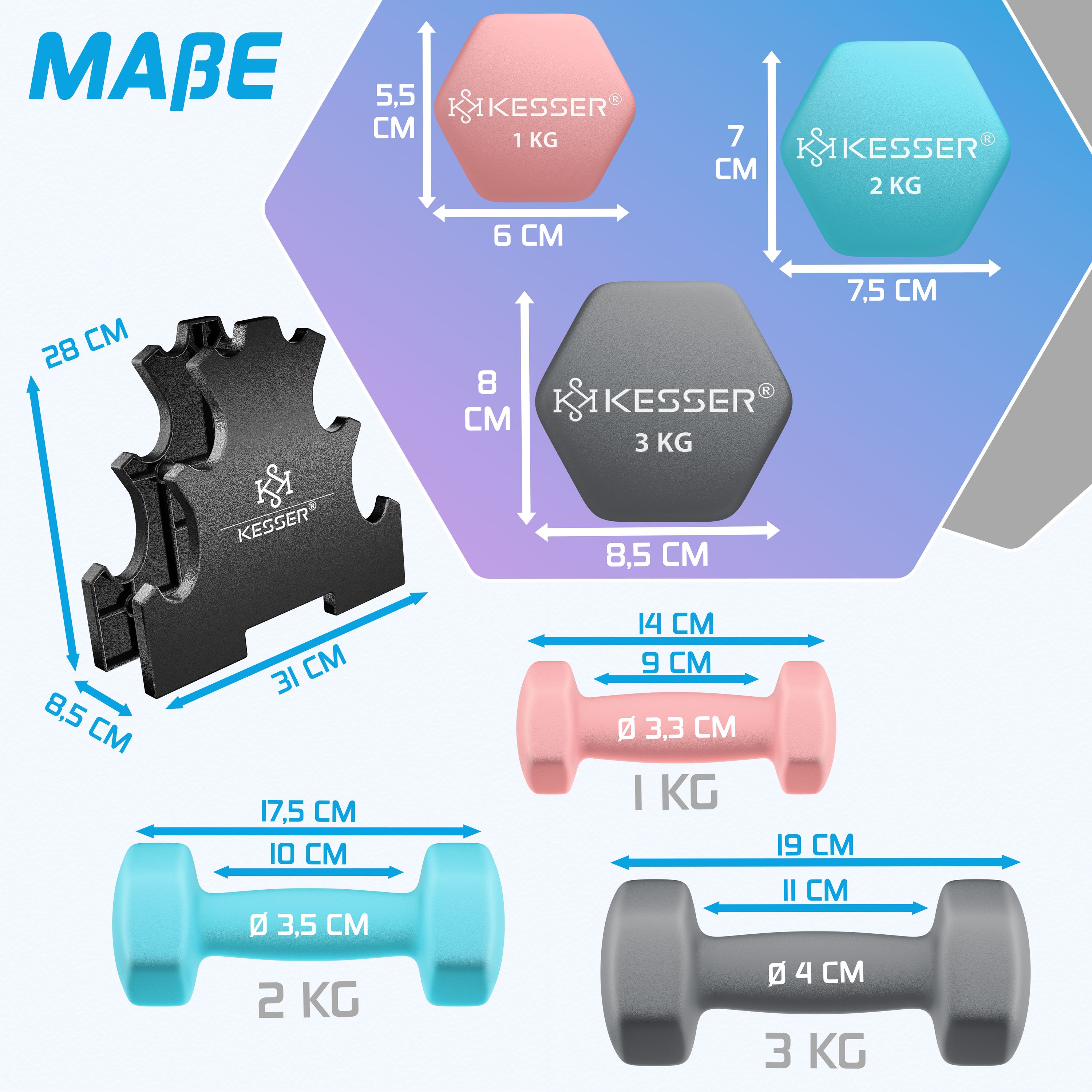 KESSER® Hanteln Hantelset 2er Set 2-5kg Kurzhanteln Übungsheft 2x Fitnessbänder