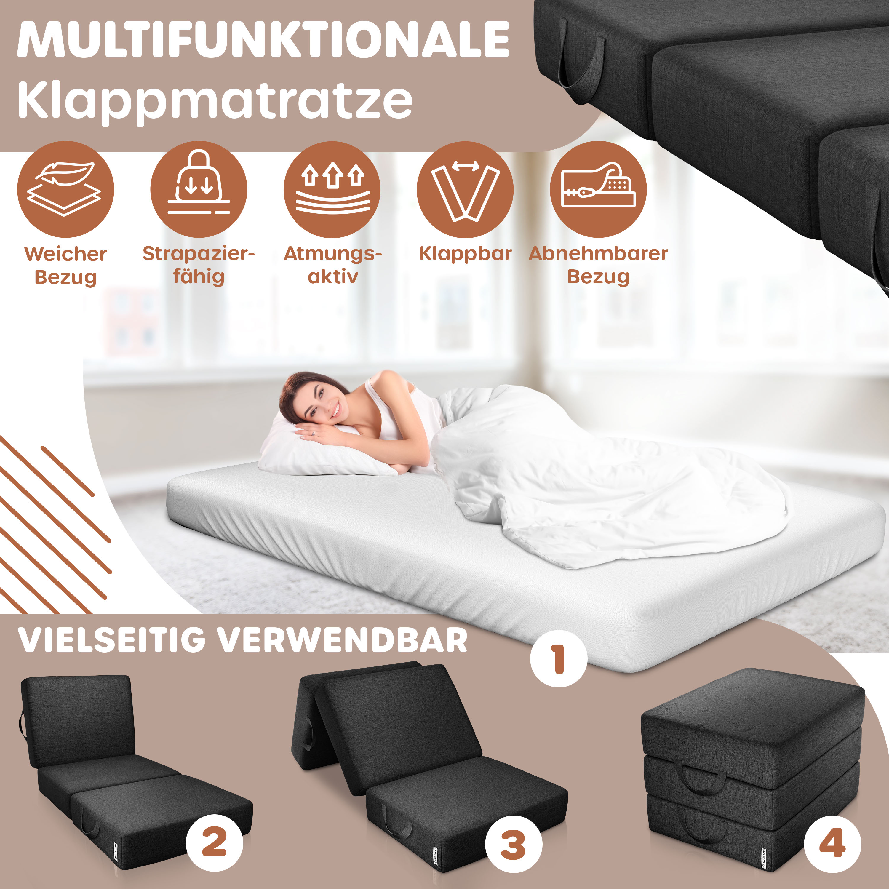 KESSER Klappmatratze Gstematratze 3-fach Faltmatratze faltbar zum  Sitzhocker | Schaumstoff 25kg/m extra dick 15cm atmungsaktiv waschbar  abnehmbarer ...