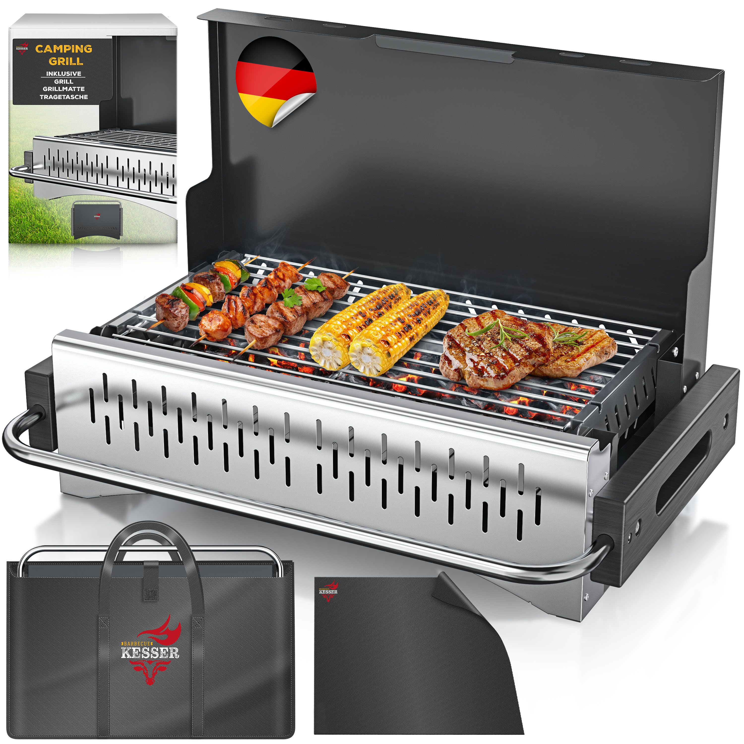 KESSER Klappgrill tragbarer Camping Grill | Holzkohlegrill aus  pulverbeschichtetem Stahl inklusive Grillrost, Grillmatte & Tragetasche |  Faltbar BBQ ...