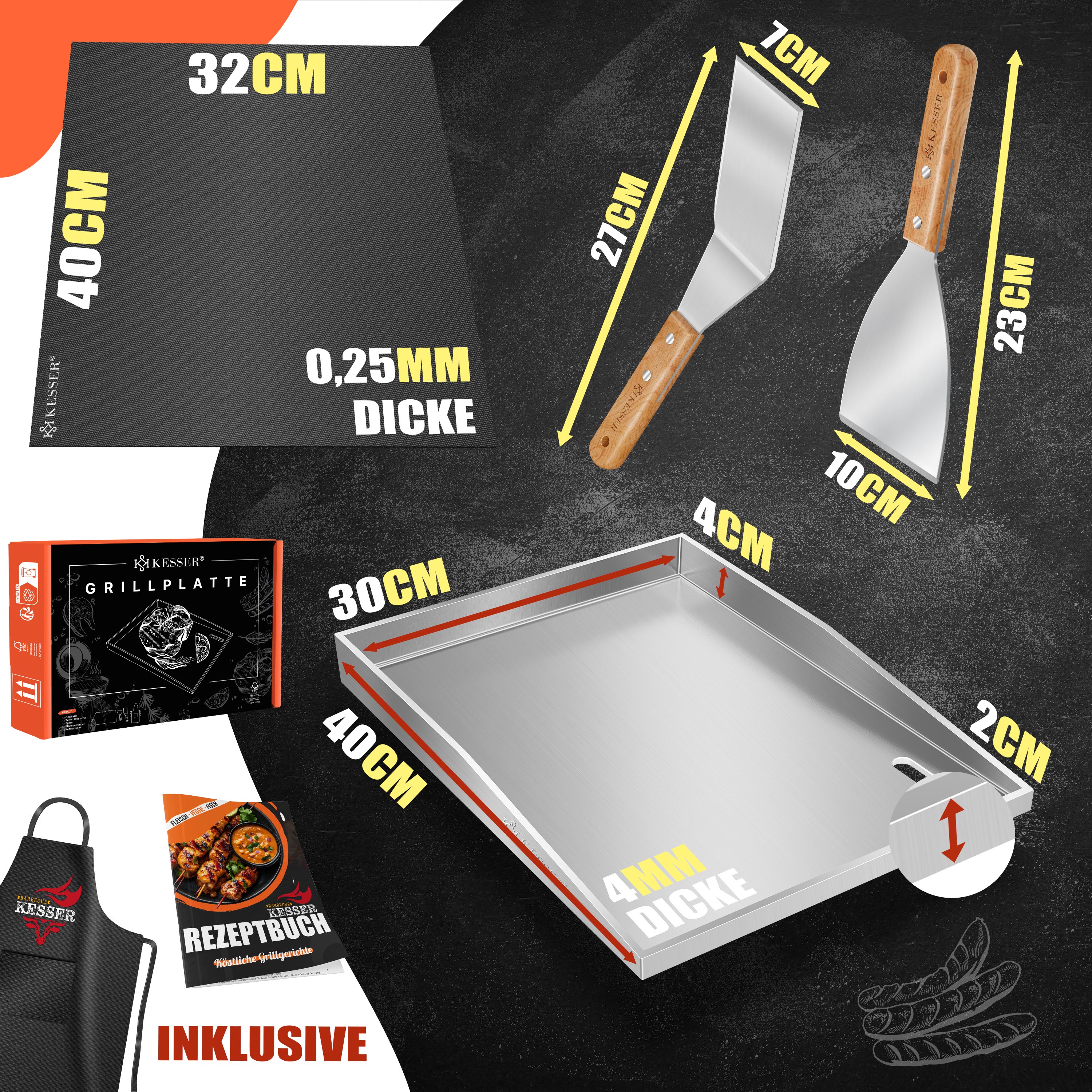 KESSER® Plancha Grillplaat van roestvrij staal, 40 x 30 cm, met vetafvoer, hittebestendig tot 800 °C en vaatwasmachinebestendig, voor gas en houtskoolgrill, incl. 2 spatels, grillschort, grillmat en