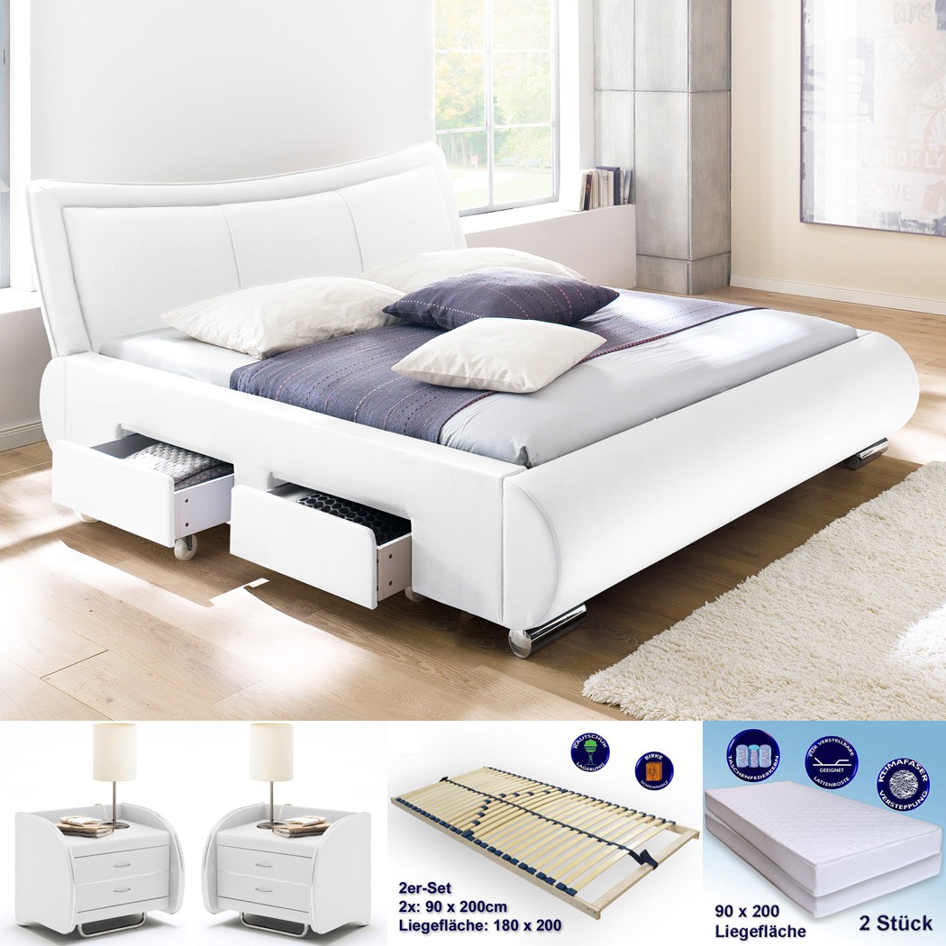 Polsterbett Lando 180x200 weiß + 2x Nako Goar + Rost + Matratze m