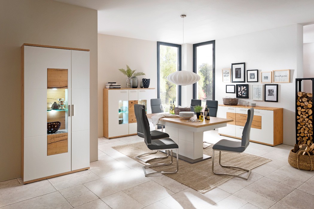 Vitrine weiß Crack-Eiche 95x206x37 cm Glasvitrine Vitrinenschrank