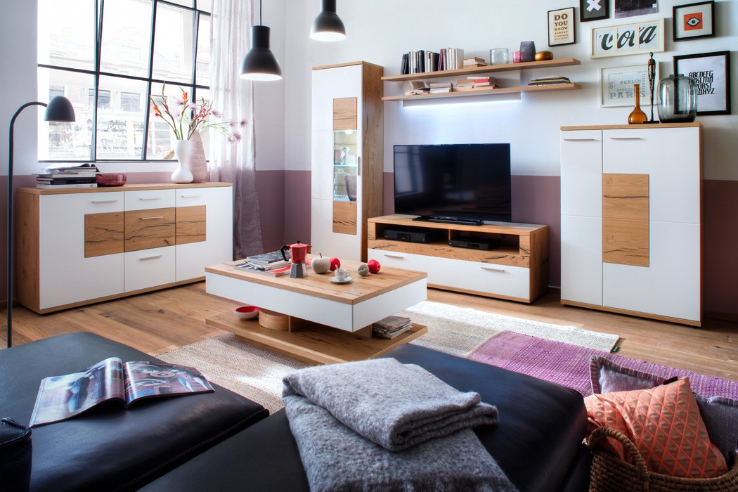 Wohnwand weiß Crack-Eiche 4-teilig Medienwand TV-Wand TV-Möbel