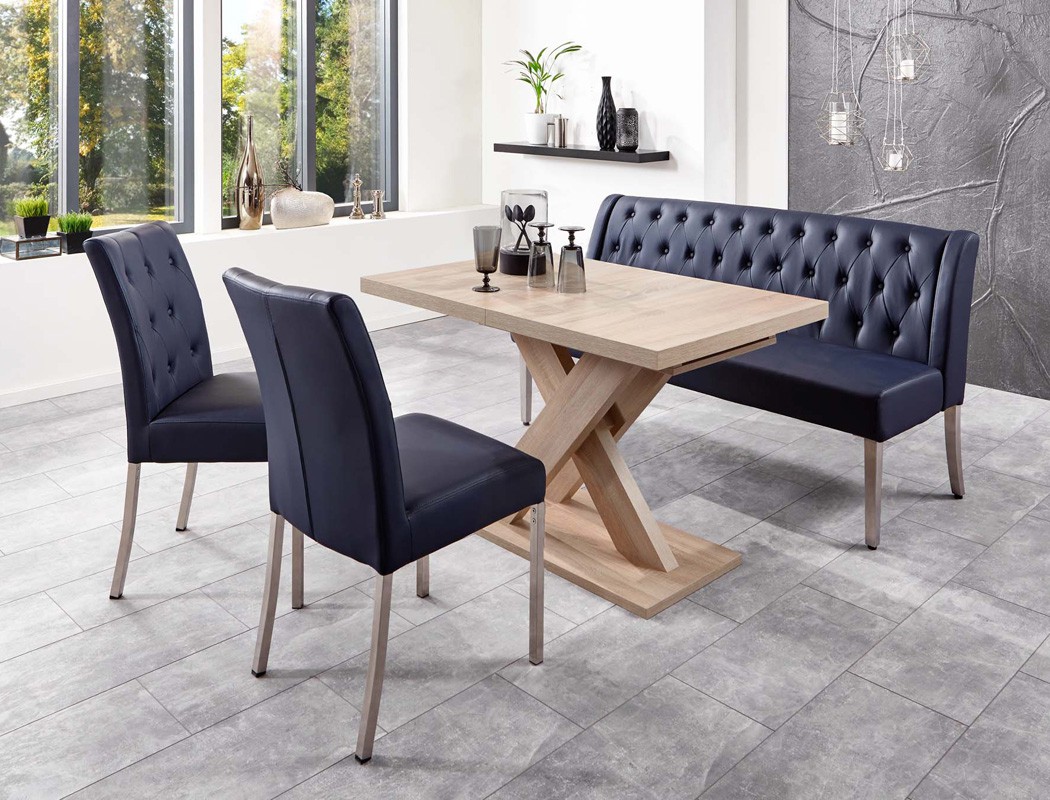 Tischgruppe Eiche sonoma dunkelblau Bank 2x Stuhl Säulentisch 120 cm