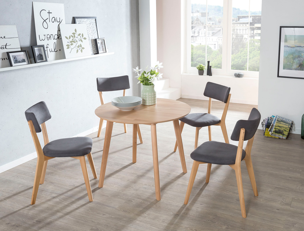 Tischgruppe Thiago 90 cm rund Kernbuche massiv + 4x Stuhl Norina 32