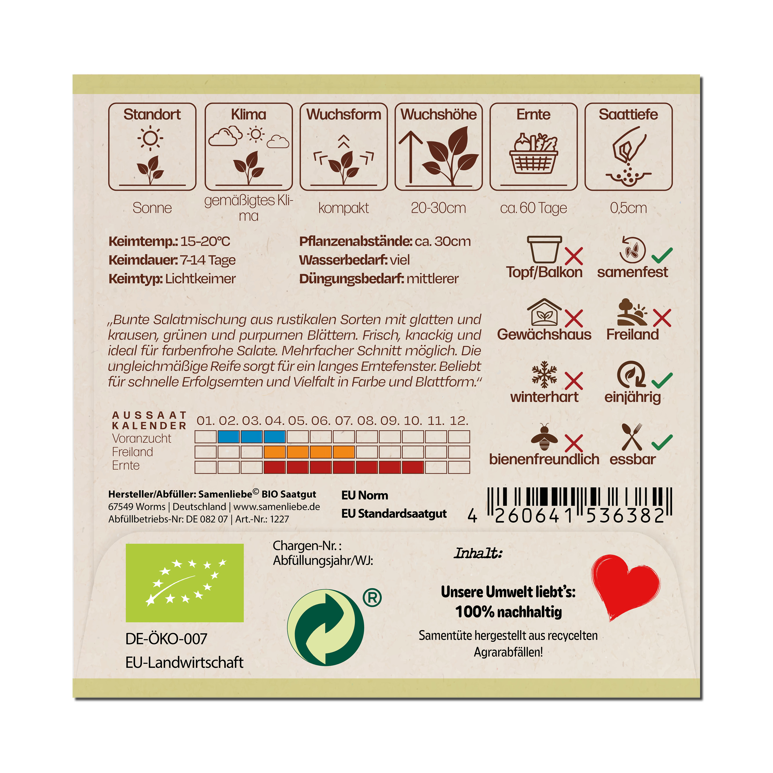 BIO Salat Samen Sorte Bunte Mischung Gemsesamen BIO Gemse Saatgut  samenfeste S