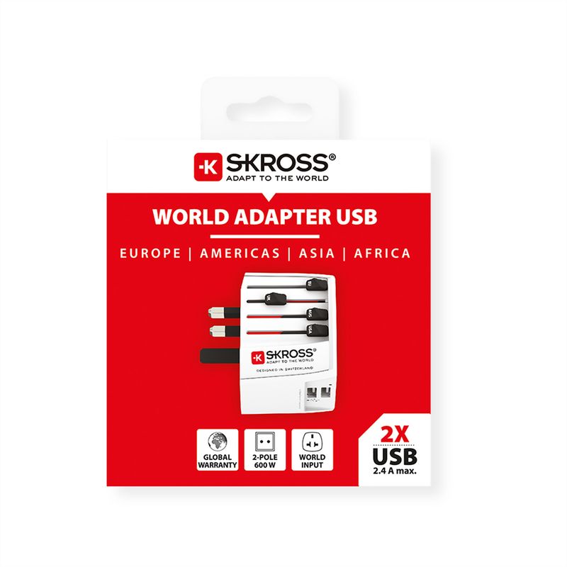 Skross MUV USB 2xA Universal 2-poliger Reiseadapter, Weltweit