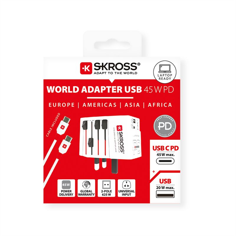 Skross MUV USB A/C 45PD Reiseadapter mit USB-C Kabel, Weltweit