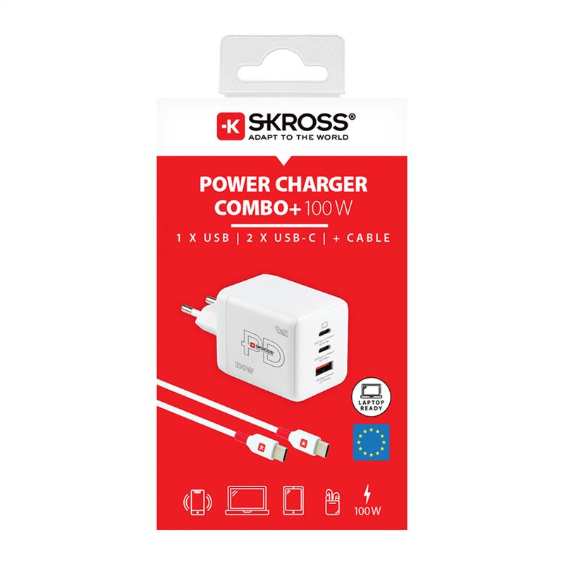 SKROSS Power Charger Combo+, 2x USB-C, 1x USB-A, GaN, 100W