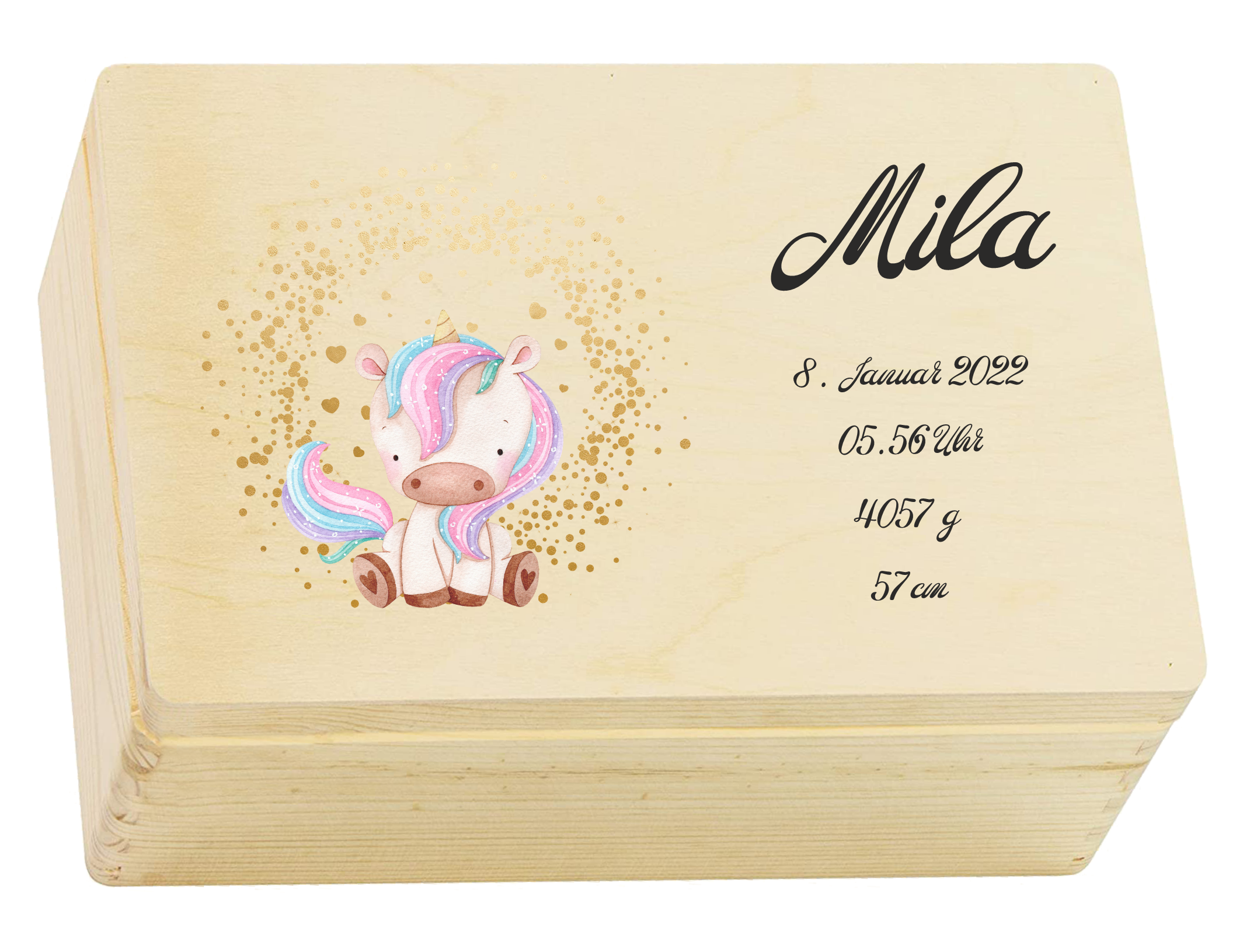 Personalisiert Baby Erinnerungsbox Einhorn - Holzkiste 30x20x14cm Für Mädchen