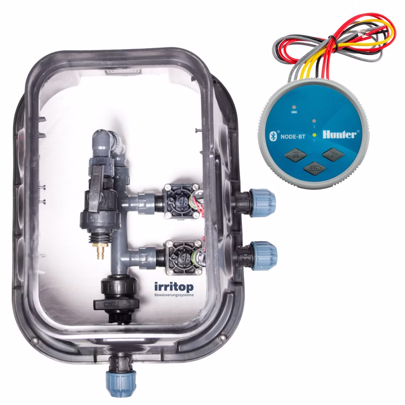 Irritop 2er Bluetooth Ventilbox Standard verteiler mit Hunter NODE-BT 200 & PGV-100 Magnetventilen für Ø25mm PE-Rohr (montierbar, O-Ring-Dichtung)