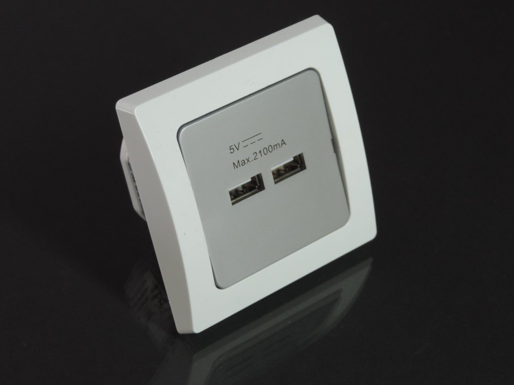 USB Einbaudose D silber mit weißem Rahmen Unterputz silber