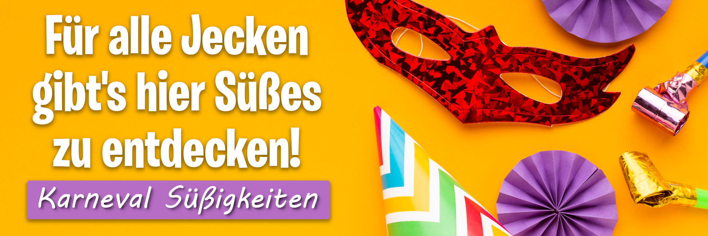 Karneval Süßigkeiten Man sieht bunte Karnevalsdeko wie zum Beispiel eine Maske, einen Hut und witzige Tröten.