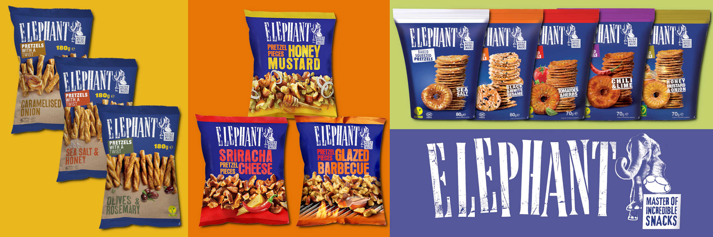 Zur Marke Elephant Auf drei farbig verschiedenen Hintergründen werden die drei unterschiedlichen Bretzel Artikel in ihren verschiedenen Geschmacksrichtungen der Marke Elephant angezeigt und das Elephant Logo hebt sich von einem blauen Hintergrund ab.
