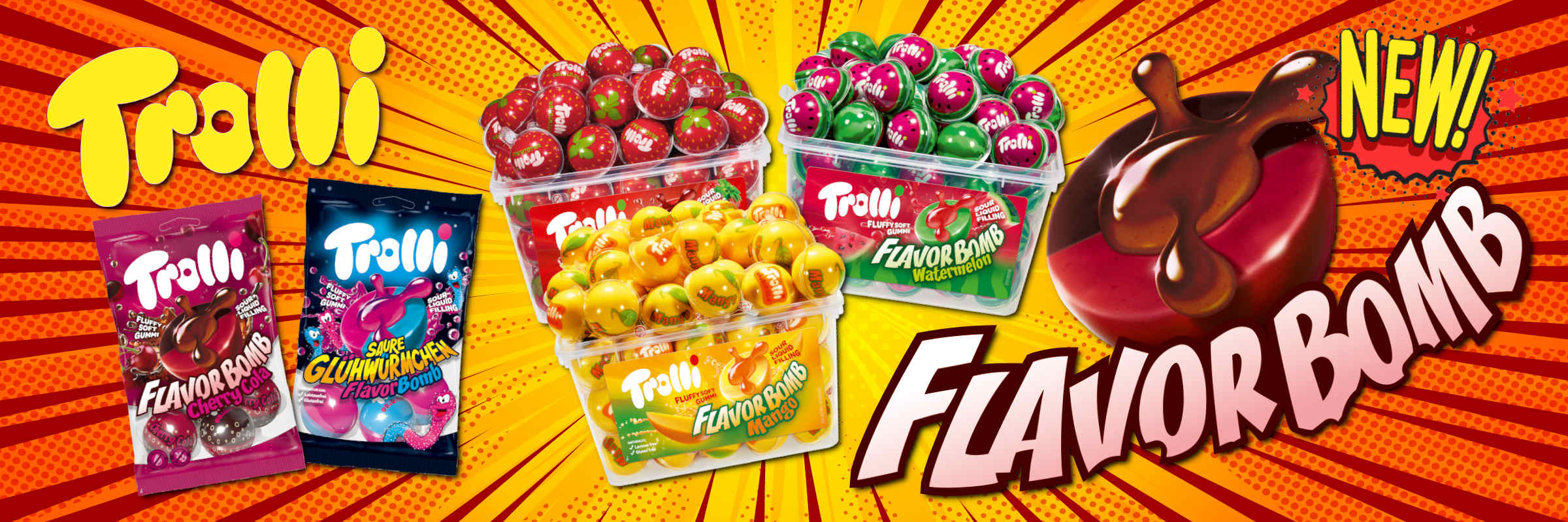 Ein orange roter Hintergrund mit dynamischen Fluchtpunktlinien suggeriert eine Explosion in welcher dem Zuschauer die neuen Trolli Flavor Bomb Produkte entgegen fliegen.