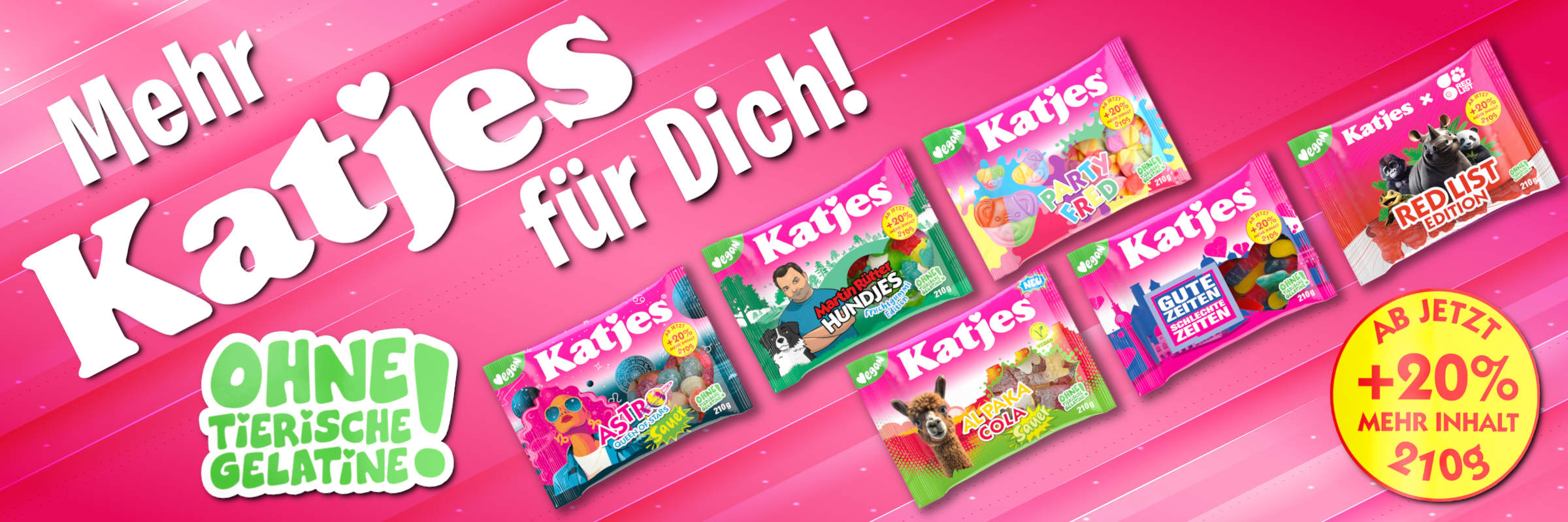 Zur Marke Katjes Es sind verschiedene neue Katjes Fruchtgummi Beutel zu sehen, die es jetzt neu mit 210 Gramm Inhalt zu kaufen gibt. Ein pinker Hintergrund sorgt für attraktiven Kontrast zu den neuen Artikeln.