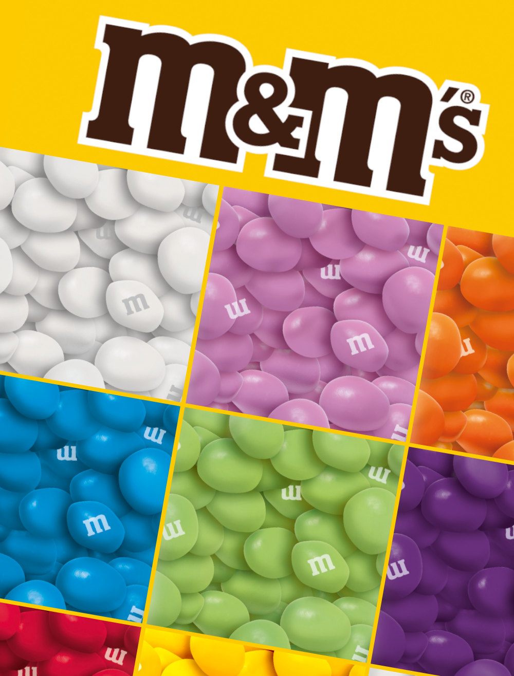 Jetzt M&Ms entdecken Es sind M&Ms in verschiedenen Farben zusehen mit der Überschrift M&M's