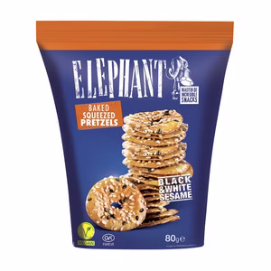 Elephant Baked Squeezed Pretzels Black & White Sesam, Laugengebäck, 80g Beutel Elephant Baked Squeezed Pretzels Black & White Sesam, Laugengebäck, 80g Beutel Bild 1