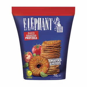 Elephant Baked Squeezed Pretzels Tomatoes & Herbs, Laugengebäck, 70g Beutel Elephant Baked Squeezed Pretzels Tomatoes & Herbs, Laugengebäck, 70g Beutel Bild 1