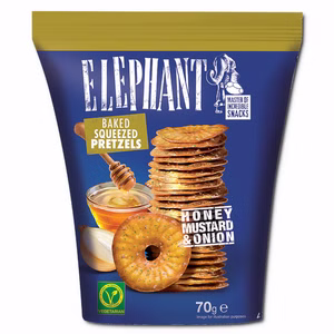 Elephant Baked Squeezed Pretzels Honey Mustard & Onion, Laugengebäck, 70g Beutel Elephant Baked Squeezed Pretzels Honey Mustard & Onion, Laugengebäck, 70g Beutel Bild 1