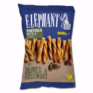 Elephant Pretzels Twist Olives & Rosemary, Laugengebäck, 180g Beutel Elephant Pretzels Twist Olives & Rosemary, Laugengebäck, 180g Beutel Bild 1
