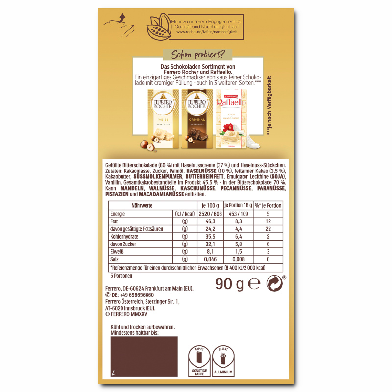 Ferrero Rocher Kakao 70%, Bitterschokolade, 90g Tafel Ferrero Rocher Kakao 70%, Bitterschokolade, 90g Tafel Bild 2