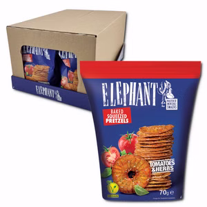 Elephant Baked Squeezed Pretzels Tomatoes & Herbs, Laugengebäck, 12 Beutel je 70g Elephant Baked Squeezed Pretzels Tomatoes & Herbs, Laugengebäck, 12 Beutel je 70g Bild 1