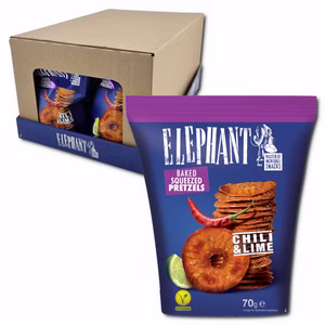 Elephant Baked Squeezed Pretzels Chili & Lime, Laugengebäck, 12 Beutel je 70g Elephant Baked Squeezed Pretzels Chili & Lime, Laugengebäck, 12 Beutel je 70g Bild 1