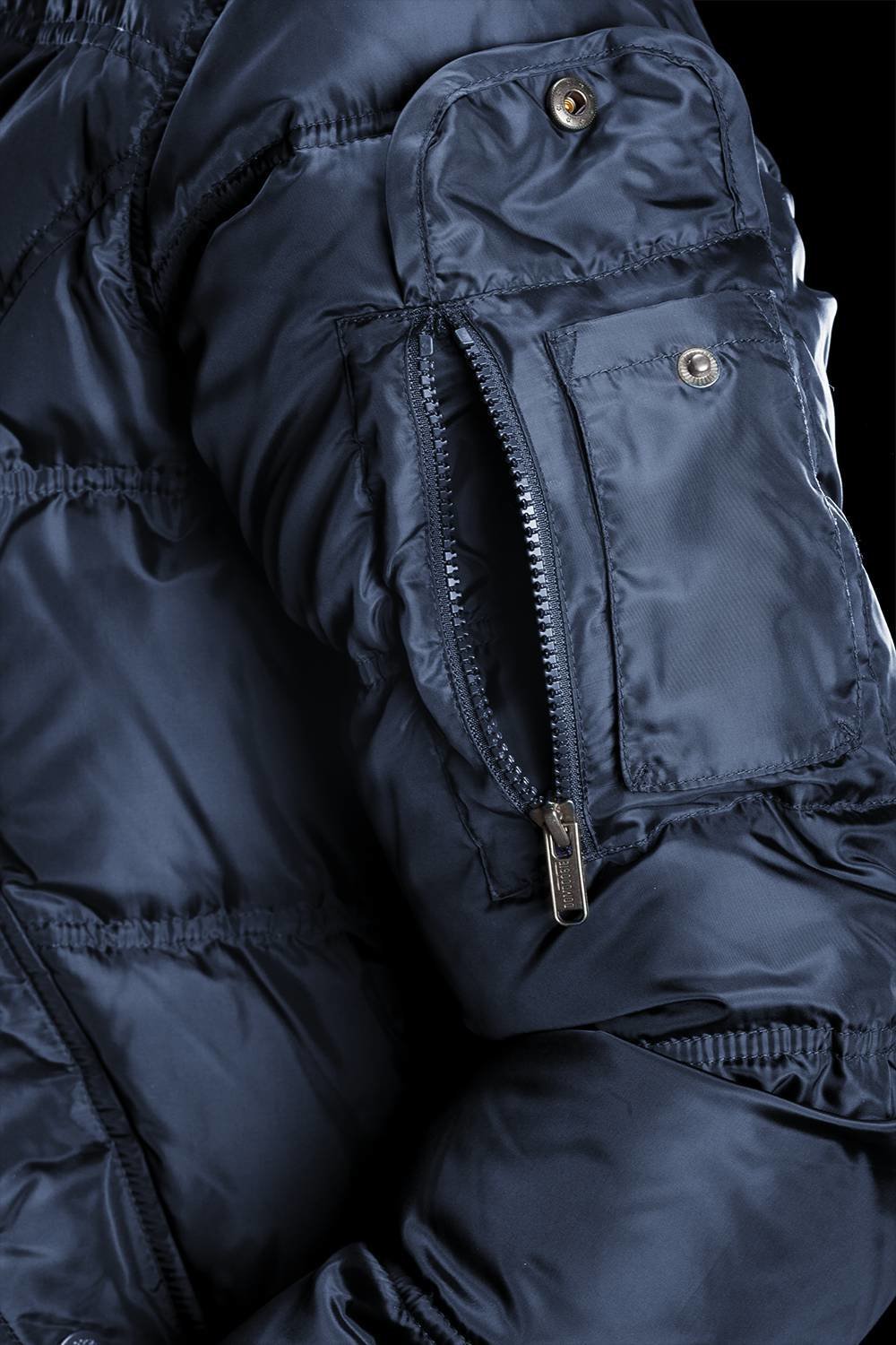 BOMBOOGIE Men's Down Bomber Jacket Urban With Real Fur (Raccoon) Navy