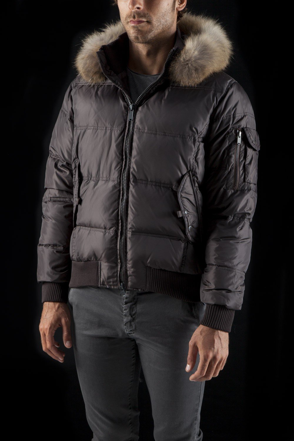 Bomboogie Men's Down Bomber Jacket Urban Jacket With Real Fur/ (Raccoon