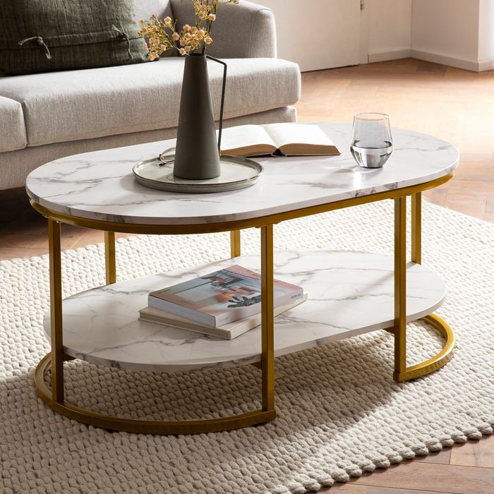Couchtisch FineBuy Sofatisch 100 cm Marmor Optik Wohnzimmertisch Tisch Ablage