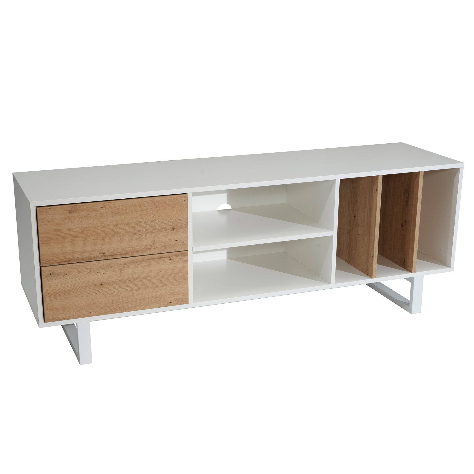 FineBuy Lowboard Eiche-Dekor 150x55x40 cm TV-Kommode Modern, Design TV-Schrank Hoch, Fernsehtisch Fernsehschrank mit Schubladen & Regal, Fernsehkommode Wohnzimmer | Farbe: Weiß