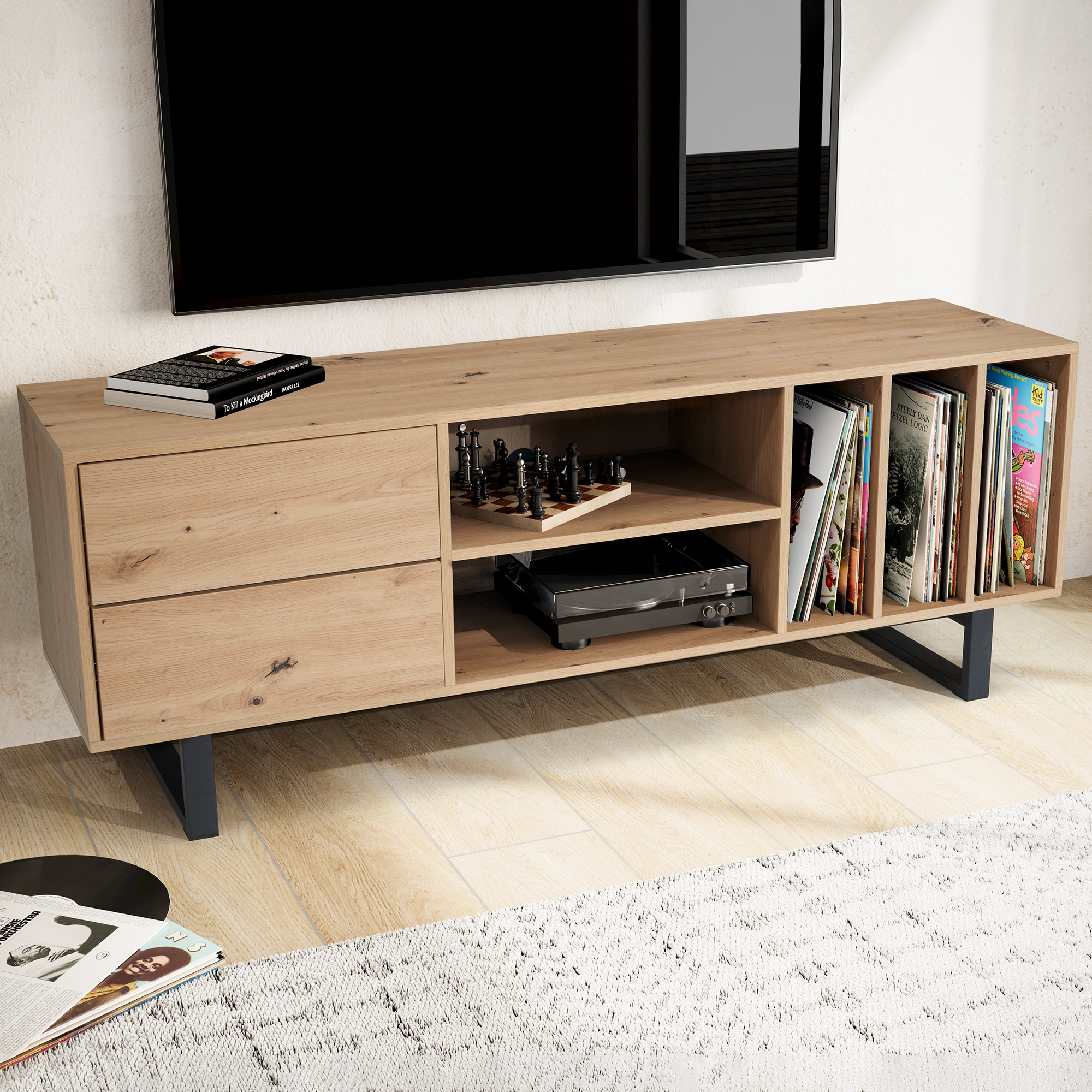FineBuy Lowboard Eiche-Dekor 150x55x40 cm TV-Kommode Modern, Design TV-Schrank Hoch, Fernsehtisch Fernsehschrank mit Schubladen & Regal, Fernsehkommode Wohnzimmer | Farbe: Weiß