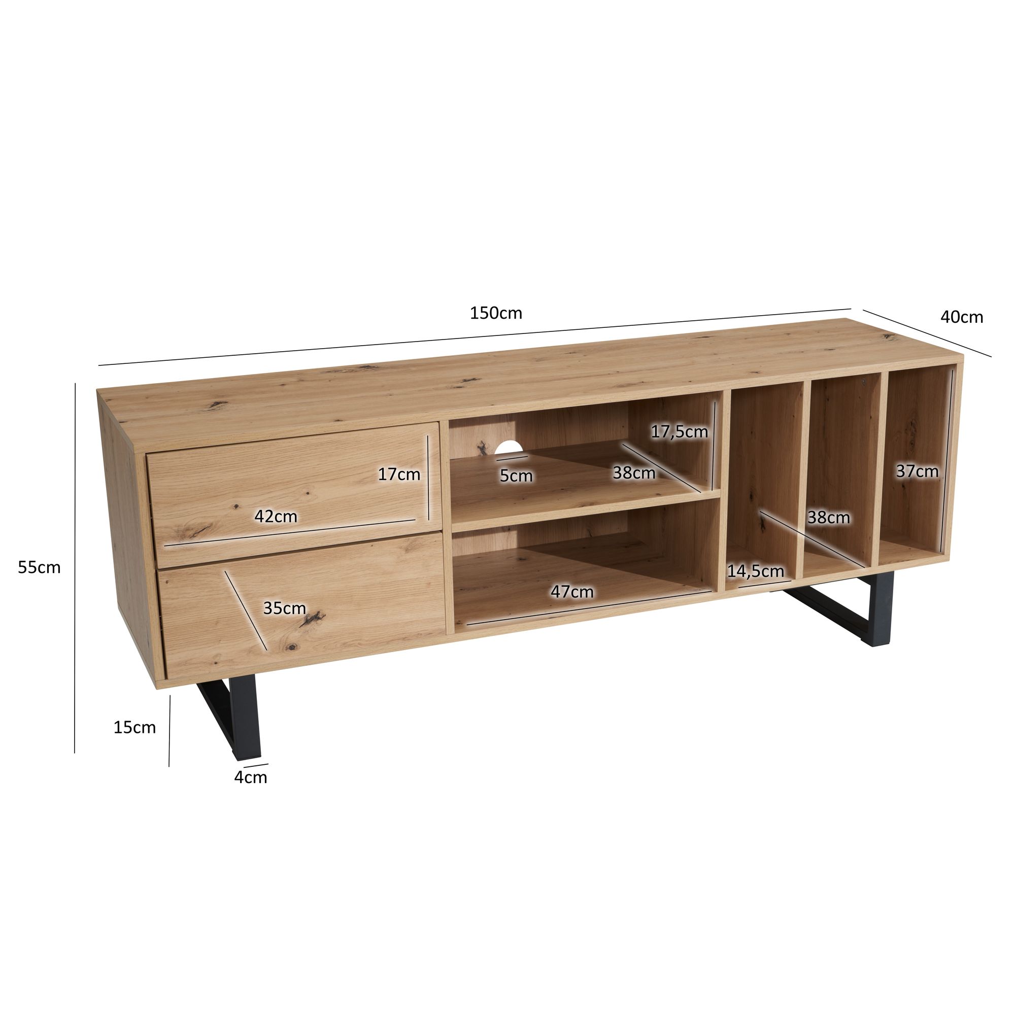FineBuy Lowboard Eiche-Dekor 150x55x40 cm TV-Kommode Modern, Design TV-Schrank Hoch, Fernsehtisch Fernsehschrank mit Schubladen & Regal, Fernsehkommode Wohnzimmer | Farbe: Weiß