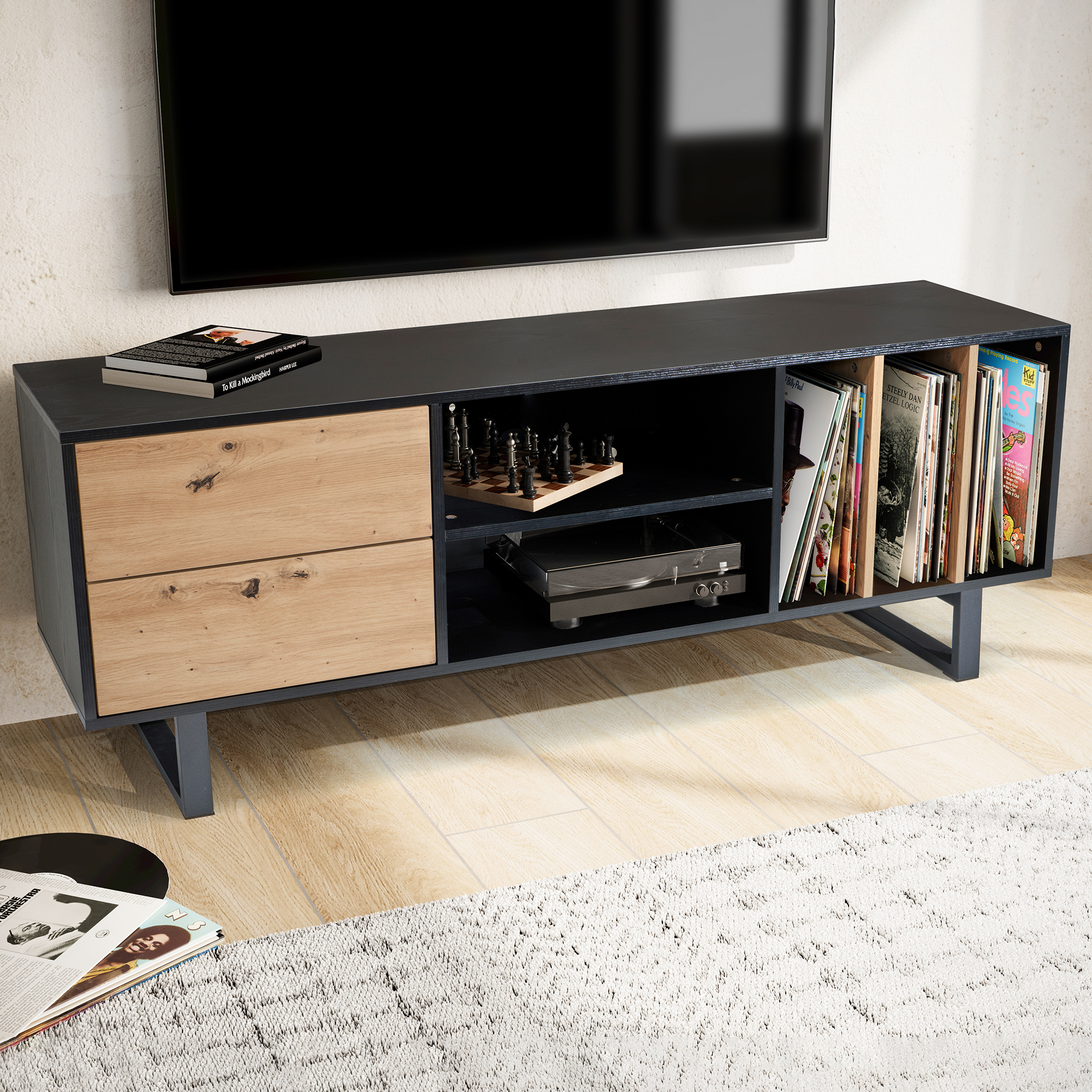 FineBuy Lowboard Eiche-Dekor 150x55x40 cm TV-Kommode Modern, Design TV-Schrank Hoch, Fernsehtisch Fernsehschrank mit Schubladen & Regal, Fernsehkommode Wohnzimmer | Farbe: Weiß