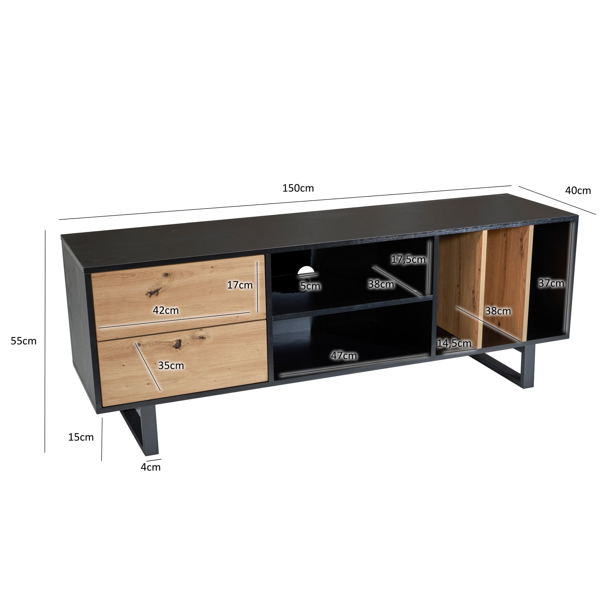 FineBuy Lowboard Eiche-Dekor 150x55x40 cm TV-Kommode Modern, Design TV-Schrank Hoch, Fernsehtisch Fernsehschrank mit Schubladen & Regal, Fernsehkommode Wohnzimmer | Farbe: Weiß