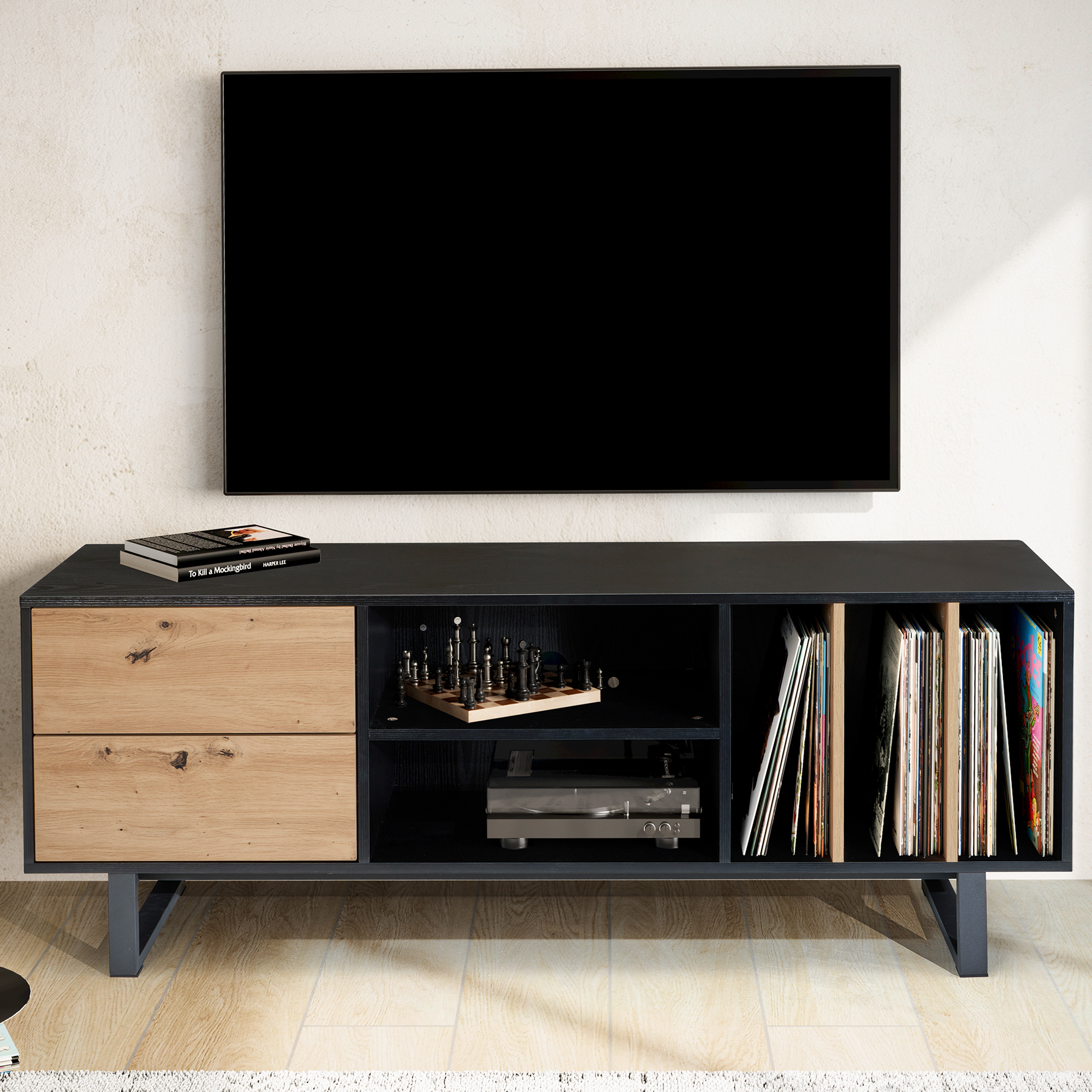 FineBuy Lowboard Eiche-Dekor 150x55x40 cm TV-Kommode Modern, Design TV-Schrank Hoch, Fernsehtisch Fernsehschrank mit Schubladen & Regal, Fernsehkommode Wohnzimmer | Farbe: Weiß