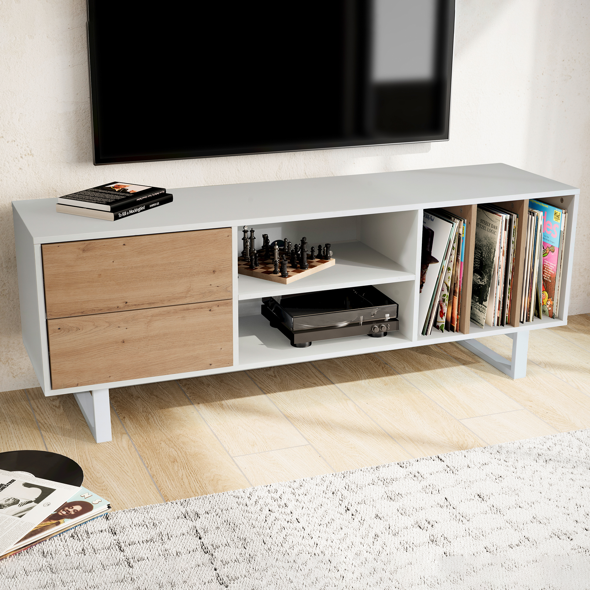 FineBuy Lowboard Eiche-Dekor 150x55x40 cm TV-Kommode Modern, Design TV-Schrank Hoch, Fernsehtisch Fernsehschrank mit Schubladen & Regal, Fernsehkommode Wohnzimmer | Farbe: Weiß