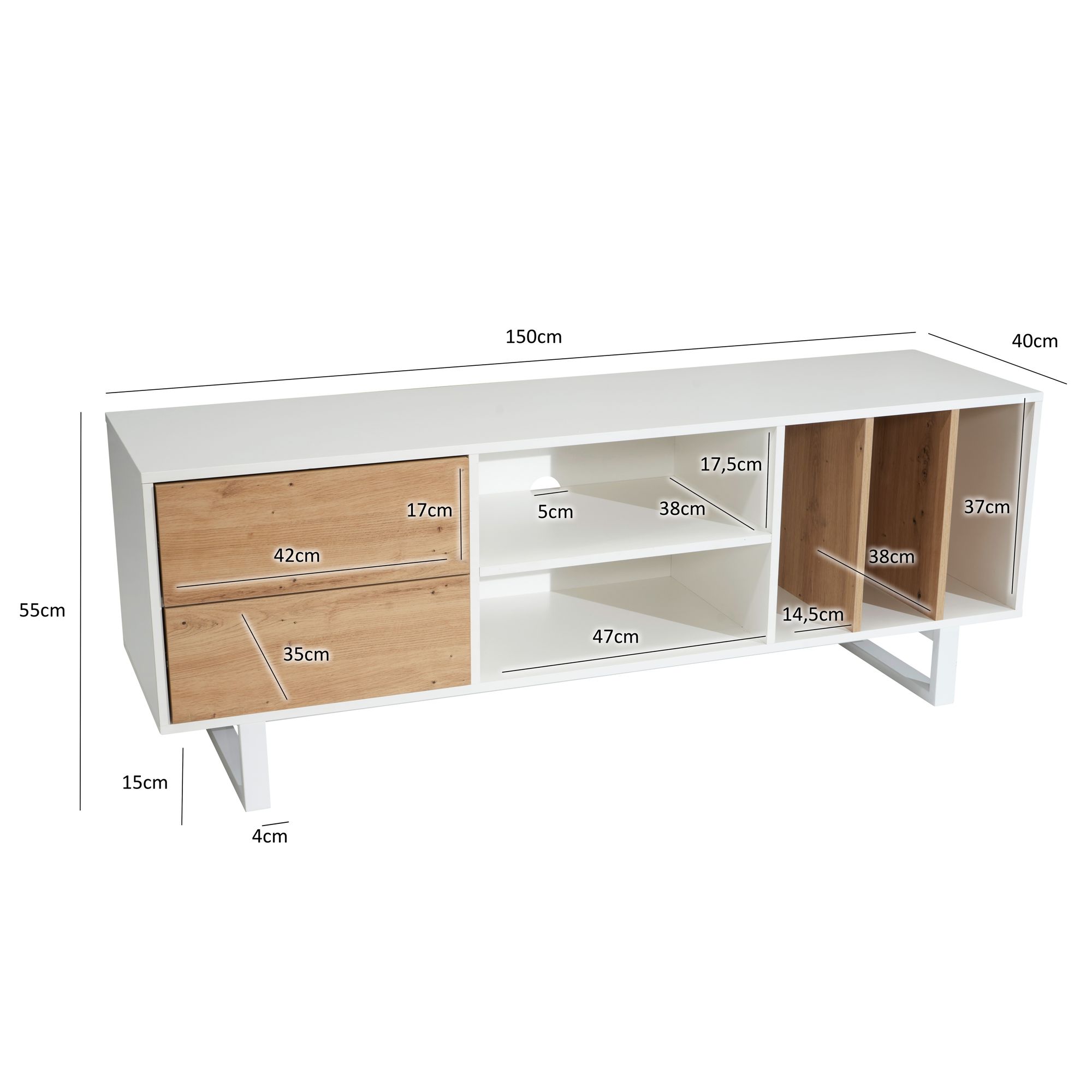 FineBuy Lowboard Eiche-Dekor 150x55x40 cm TV-Kommode Modern, Design TV-Schrank Hoch, Fernsehtisch Fernsehschrank mit Schubladen & Regal, Fernsehkommode Wohnzimmer | Farbe: Weiß