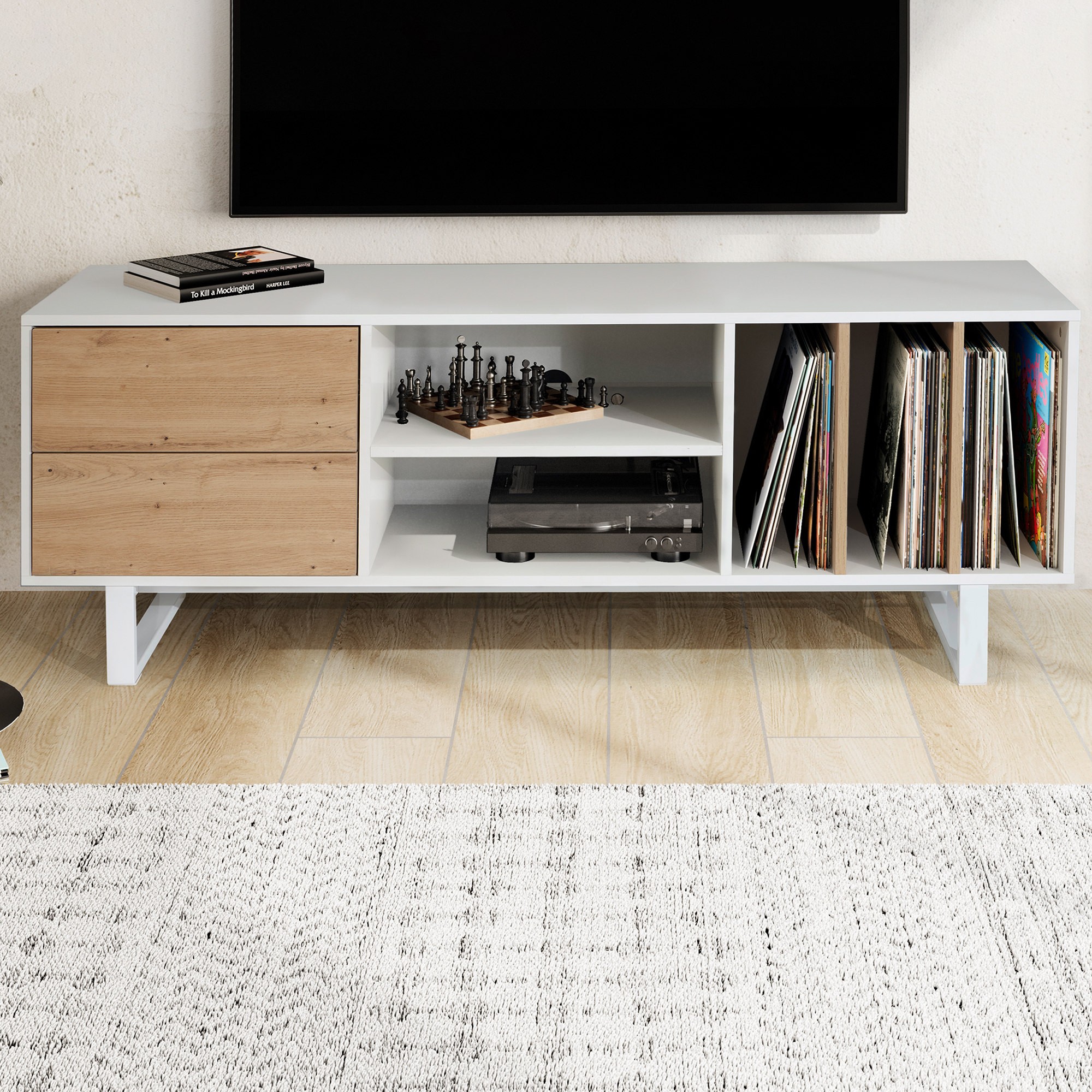FineBuy Lowboard Eiche-Dekor 150x55x40 cm TV-Kommode Modern, Design TV-Schrank Hoch, Fernsehtisch Fernsehschrank mit Schubladen & Regal, Fernsehkommode Wohnzimmer | Farbe: Weiß