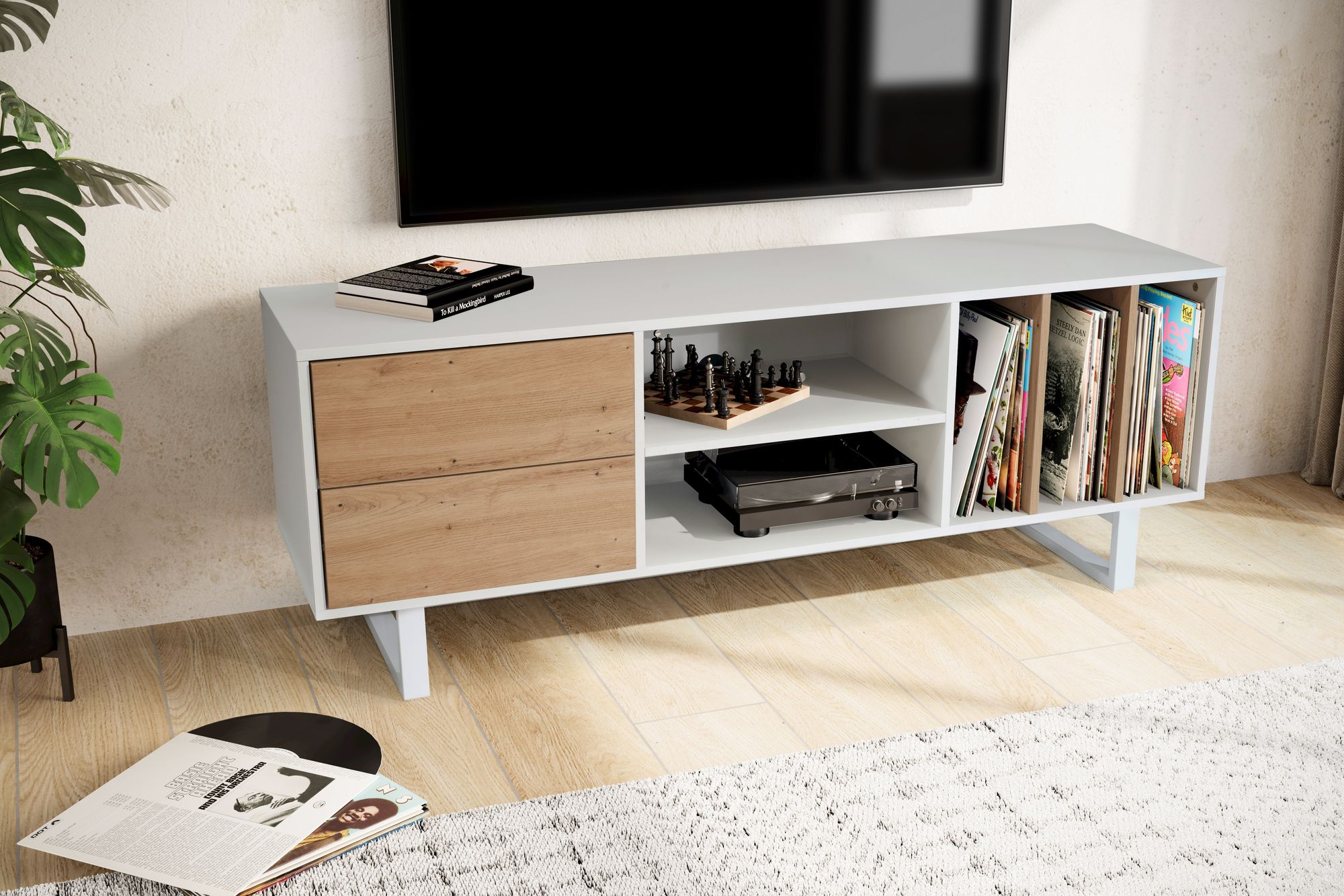 FineBuy Lowboard Eiche-Dekor 150x55x40 cm TV-Kommode Modern, Design TV-Schrank Hoch, Fernsehtisch Fernsehschrank mit Schubladen & Regal, Fernsehkommode Wohnzimmer | Farbe: Weiß