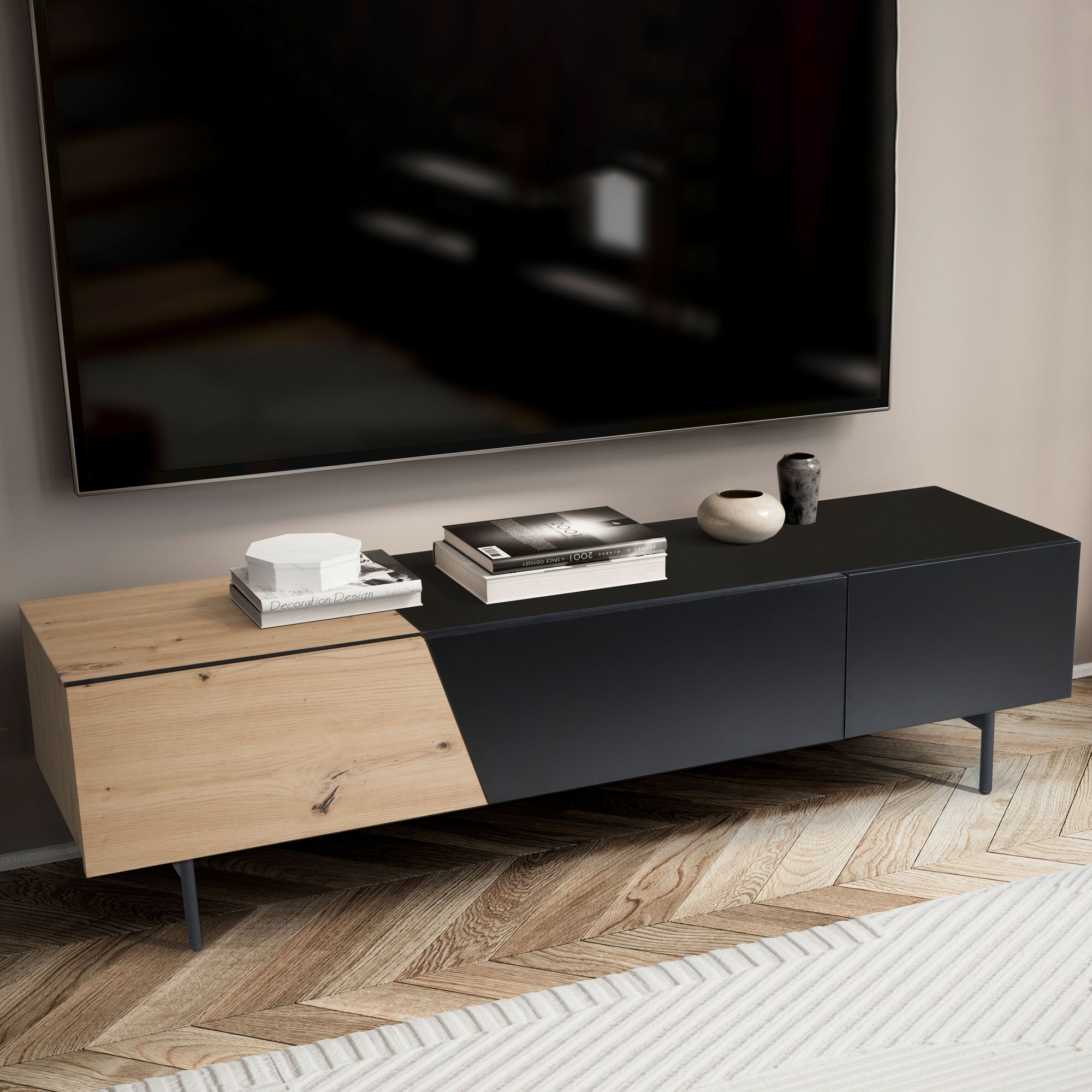 FineBuy Lowboard Schwarz 150x40x40 cm TV-Kommode, Design TV-Schrank Niedrig, Fernsehtisch Fernsehschrank mit Türen & Schublade, Fernsehkommode Wohnzimmer Modern | Farbe: Braun