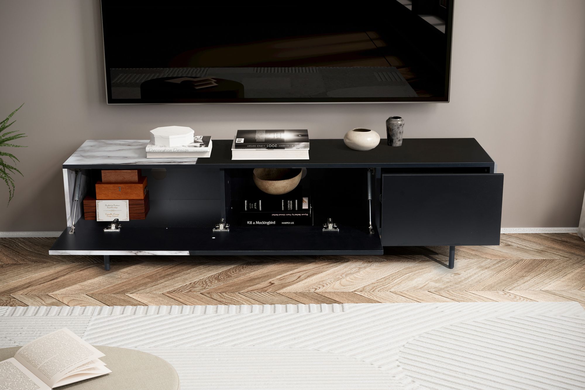 FineBuy Lowboard Schwarz 150x40x40 cm TV-Kommode, Design TV-Schrank Niedrig, Fernsehtisch Fernsehschrank mit Türen & Schublade, Fernsehkommode Wohnzimmer Modern | Farbe: Braun