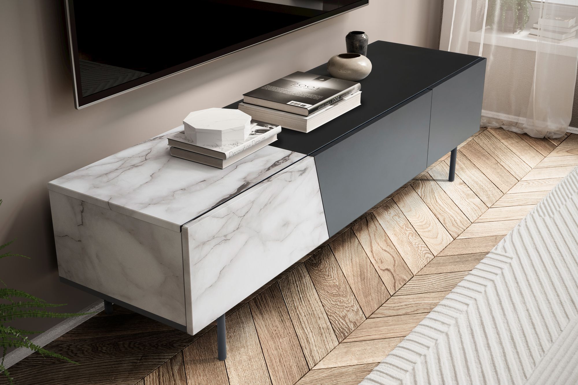 FineBuy Lowboard Schwarz 150x40x40 cm TV-Kommode, Design TV-Schrank Niedrig, Fernsehtisch Fernsehschrank mit Türen & Schublade, Fernsehkommode Wohnzimmer Modern | Farbe: Braun