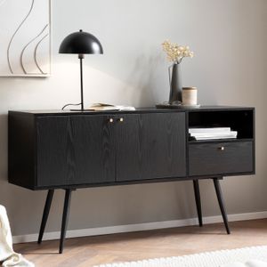 FB100035 FineBuy Sideboard 140x75x40 cm Kommode Schwarz mit Eiche-Dekor Zeitlos, Hoher Kommodenschrank, Standschrank Wohnzimmer mit 2 Türen und Schublade, Anrichte mit offenem Fach