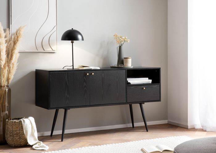 FineBuy Sideboard 140x75x40 cm Kommode Schwarz mit Eiche-Dekor Zeitlos, Hoher Kommodenschrank, Standschrank Wohnzimmer mit 2 Türen und Schublade, Anrichte mit offenem Fach