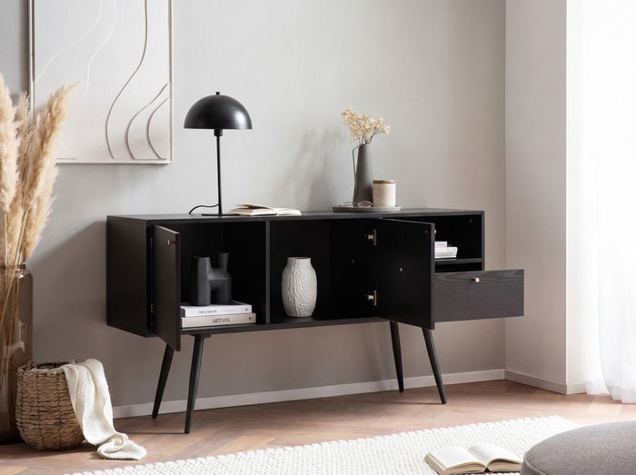 FineBuy Sideboard 140x75x40 cm Kommode Schwarz mit Eiche-Dekor Zeitlos, Hoher Kommodenschrank, Standschrank Wohnzimmer mit 2 Türen und Schublade, Anrichte mit offenem Fach