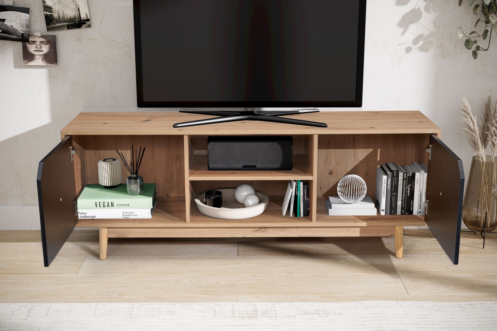 Lowboard FineBuy TV Schrank 150 cm Fernsehkommode Fernsehschrank Eiche Schwarz – Ansicht 2