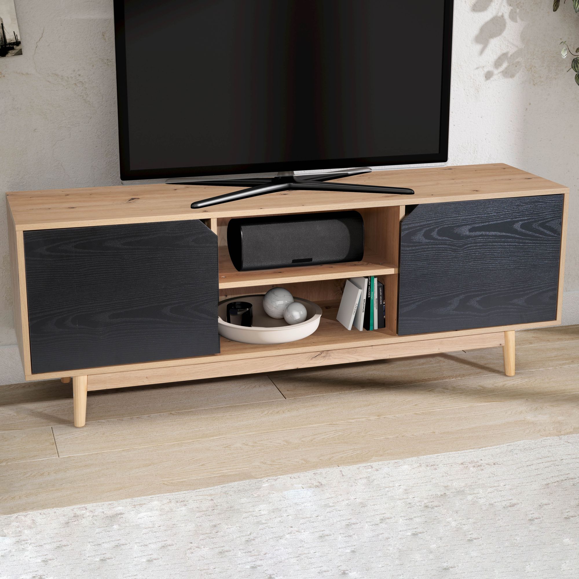Lowboard FineBuy TV Schrank 150 cm Fernsehkommode Fernsehschrank Eiche Schwarz – Ansicht 1