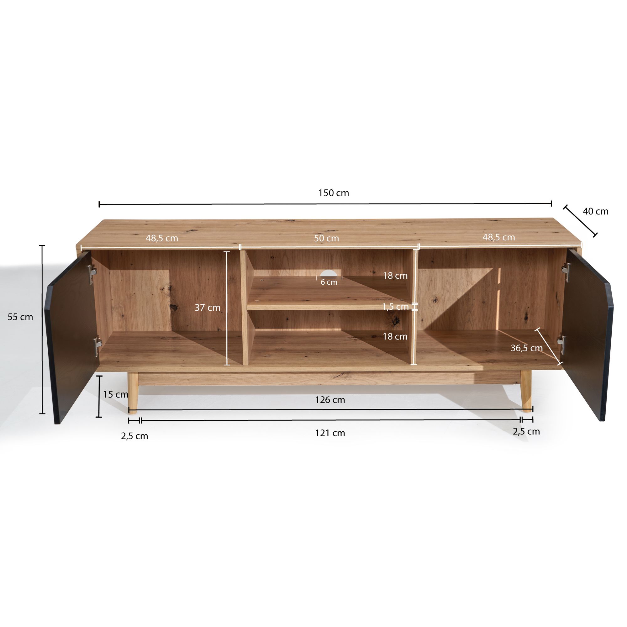 Lowboard FineBuy TV Schrank 150 cm Fernsehkommode Fernsehschrank Eiche Schwarz – Ansicht 3
